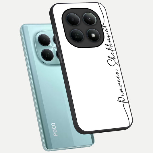  White Tune Custom Name phone case For Poco M8 showing premium custom name glass back cover
