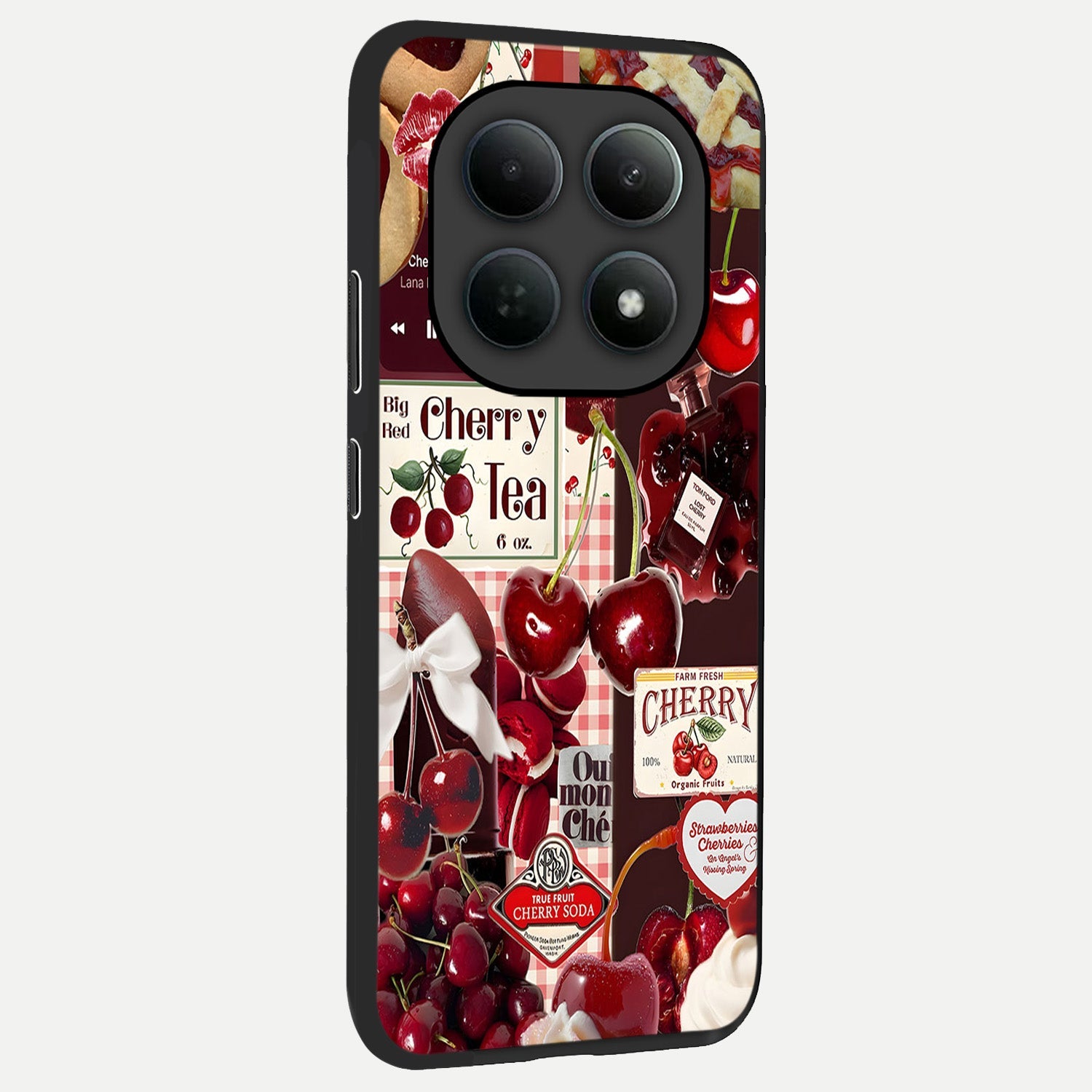  Aesthetic Cherry Tea back cover For Poco M8 slim fit glass case with vibrant aesthetic design