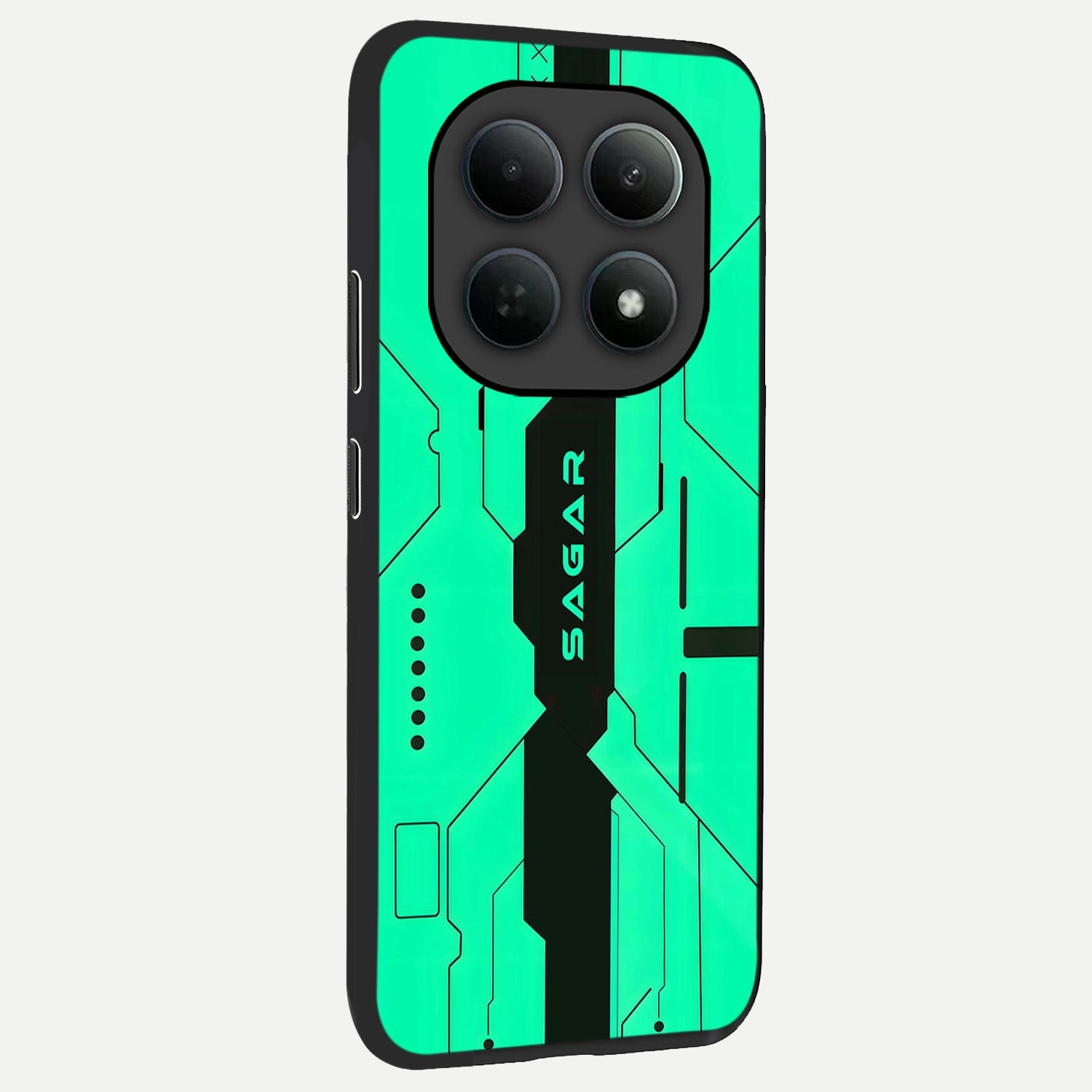  Aqua Tech CYBERPUNK Custom Name back cover For Poco M8 slim fit glass case with vibrant aesthetic design