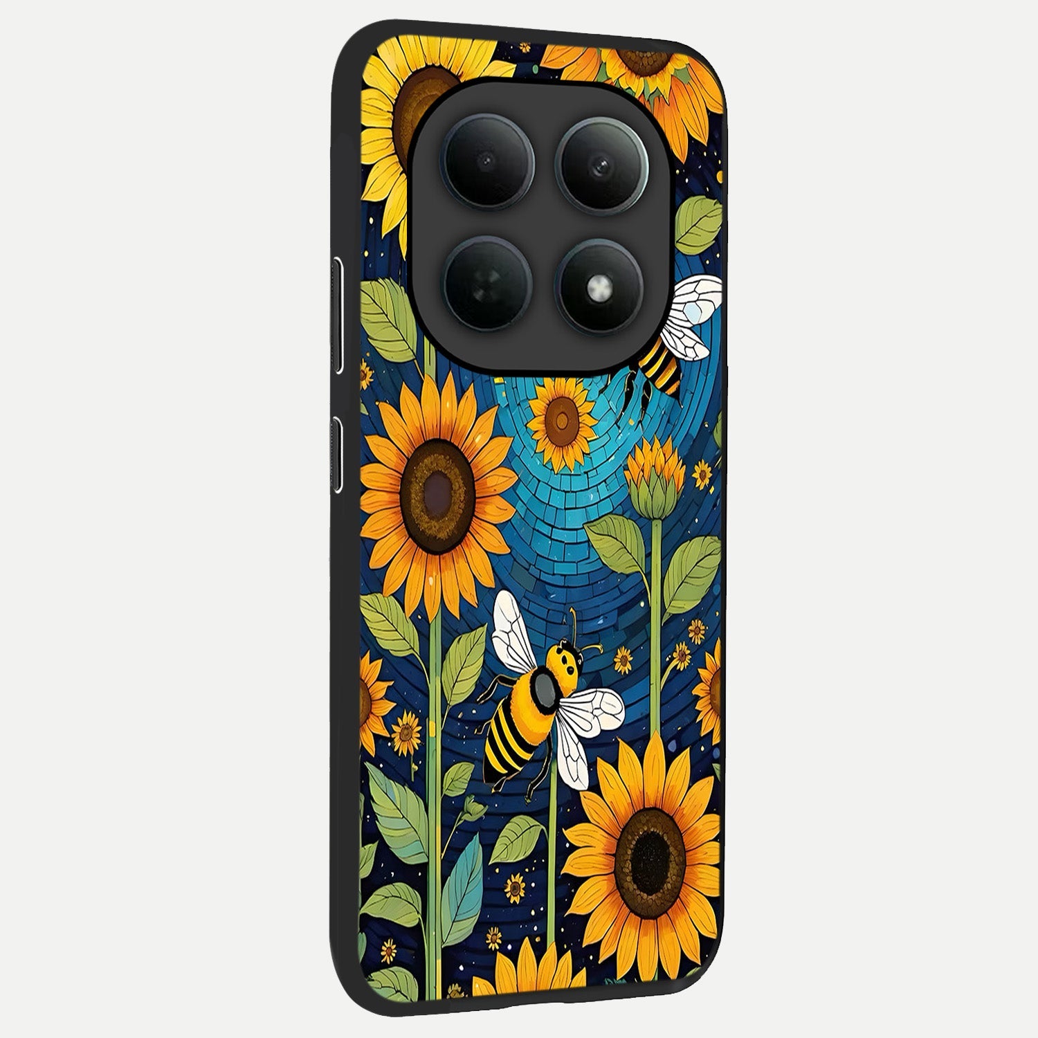  Bees And Sunflowers back cover For Poco M8 slim fit glass case with vibrant aesthetic design