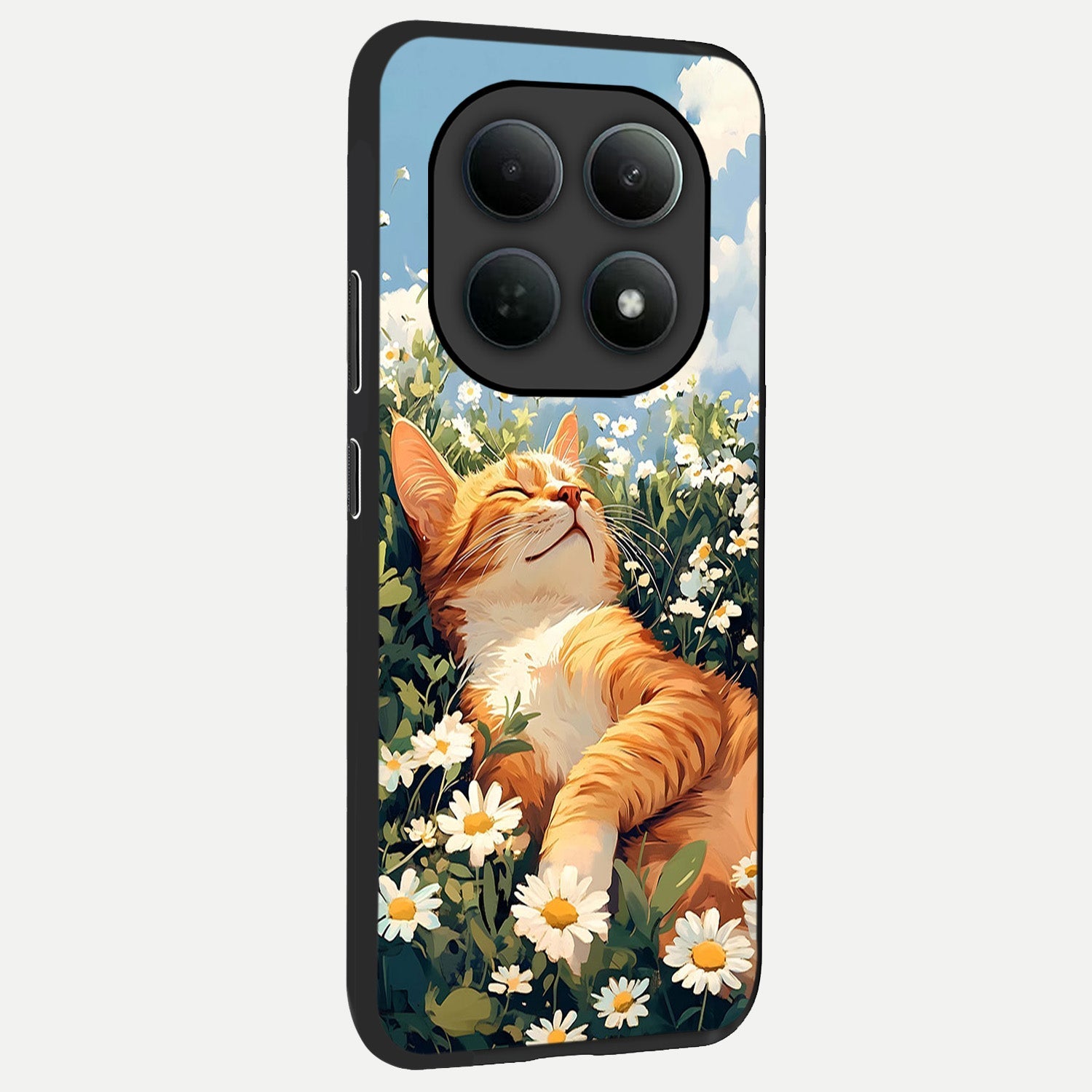 Cat And Flowers View back cover For Poco M8 slim fit glass case with vibrant aesthetic design