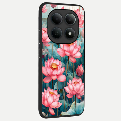  Celestial Pink Lotus back cover For Poco M8 slim fit glass case with vibrant aesthetic design