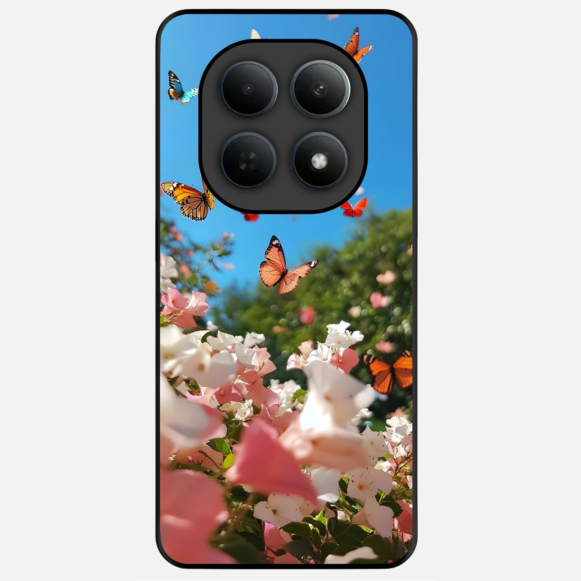  Butterflies In Bloom Sky Glass Case For Poco M8 Pro back cover – full design glossy printed glass finish