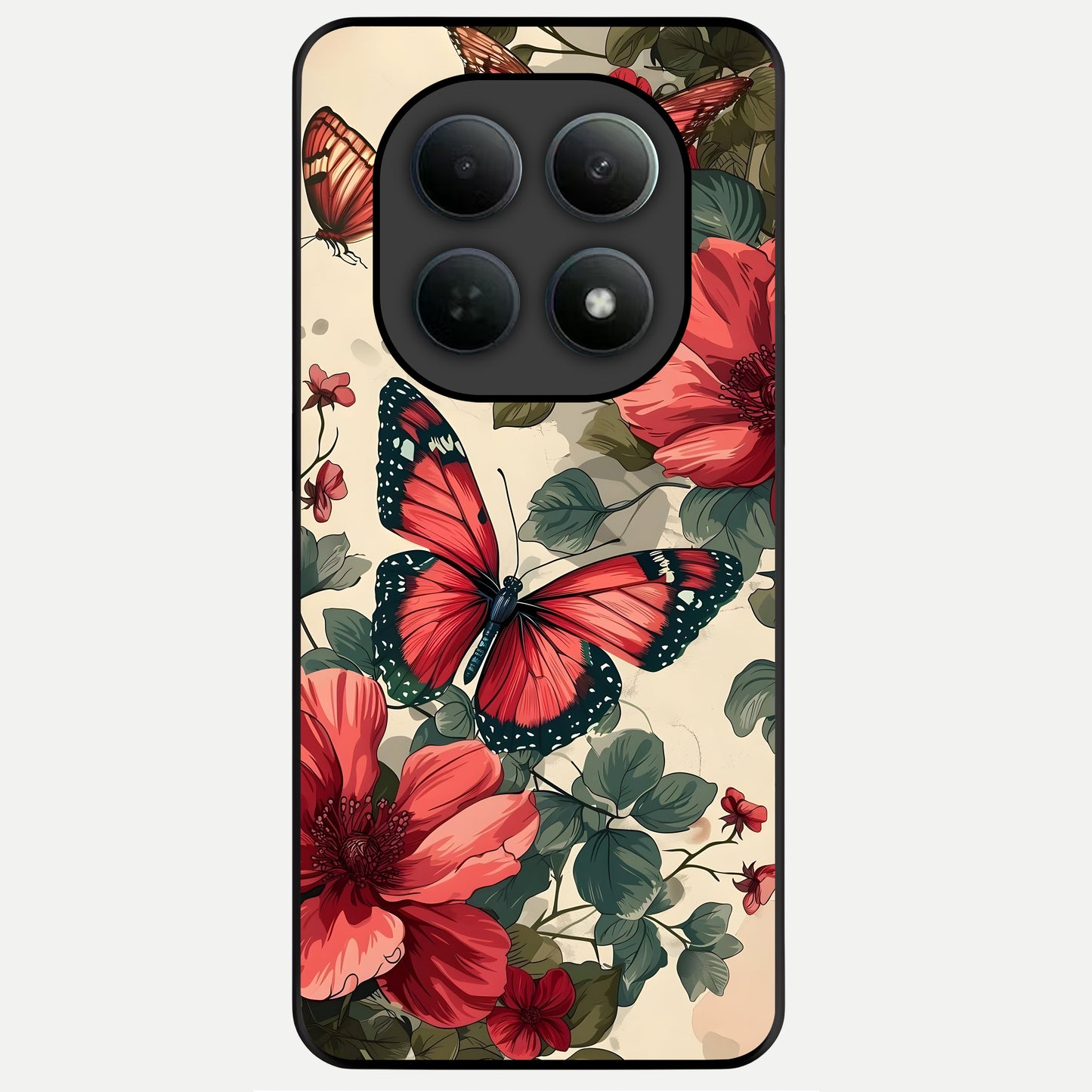  Crimson Butterfly Garden Glass Case For Poco M8 Pro back cover – full design glossy printed glass finish