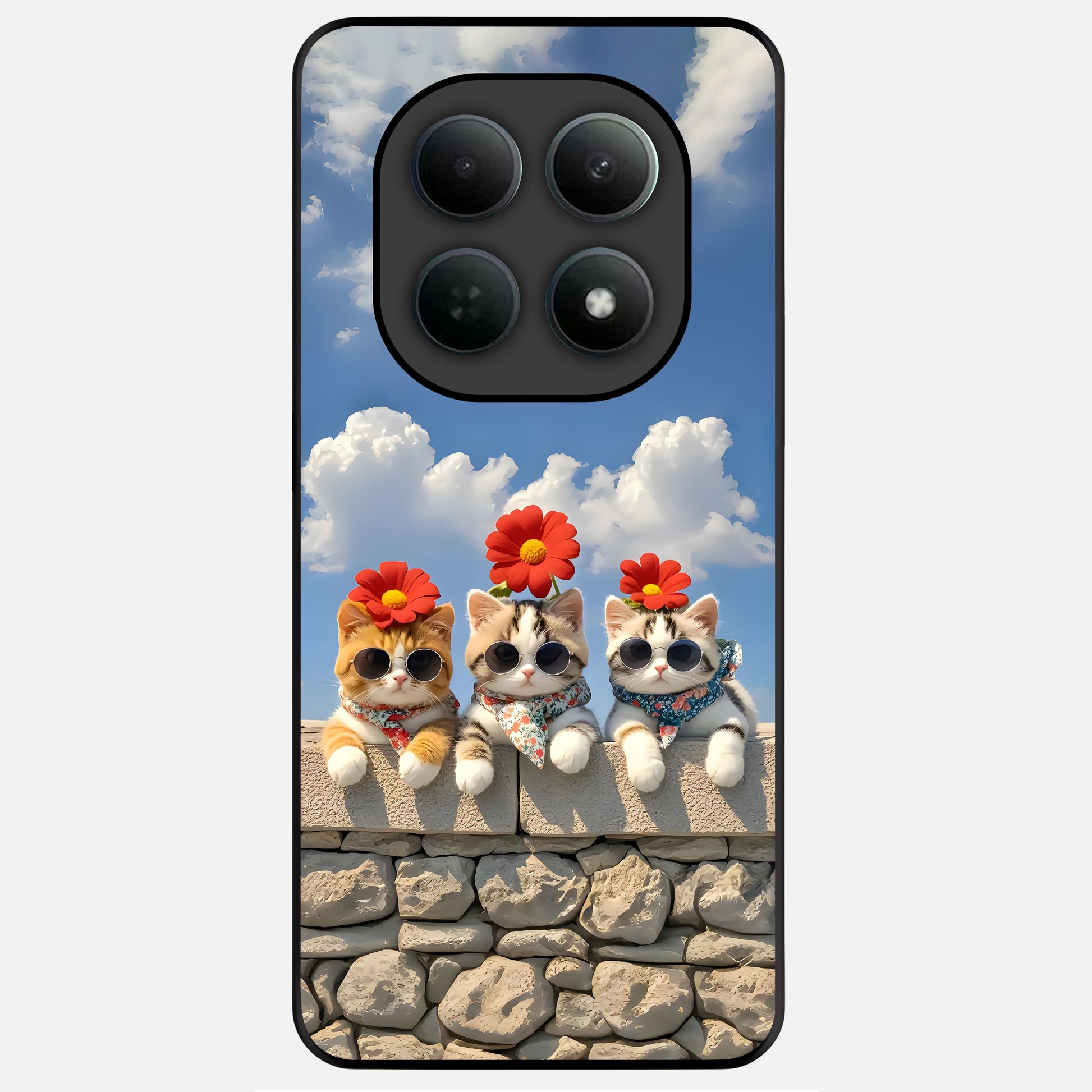  Floral Kitty Squad Glass Case For Poco M8 Pro back cover – full design glossy printed glass finish
