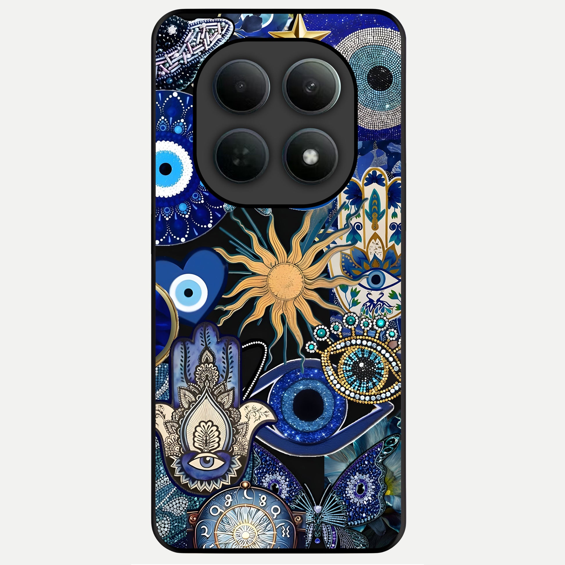  Mystic Blue Evil Eye Glass Case For Poco M8 Pro back cover – full design glossy printed glass finish