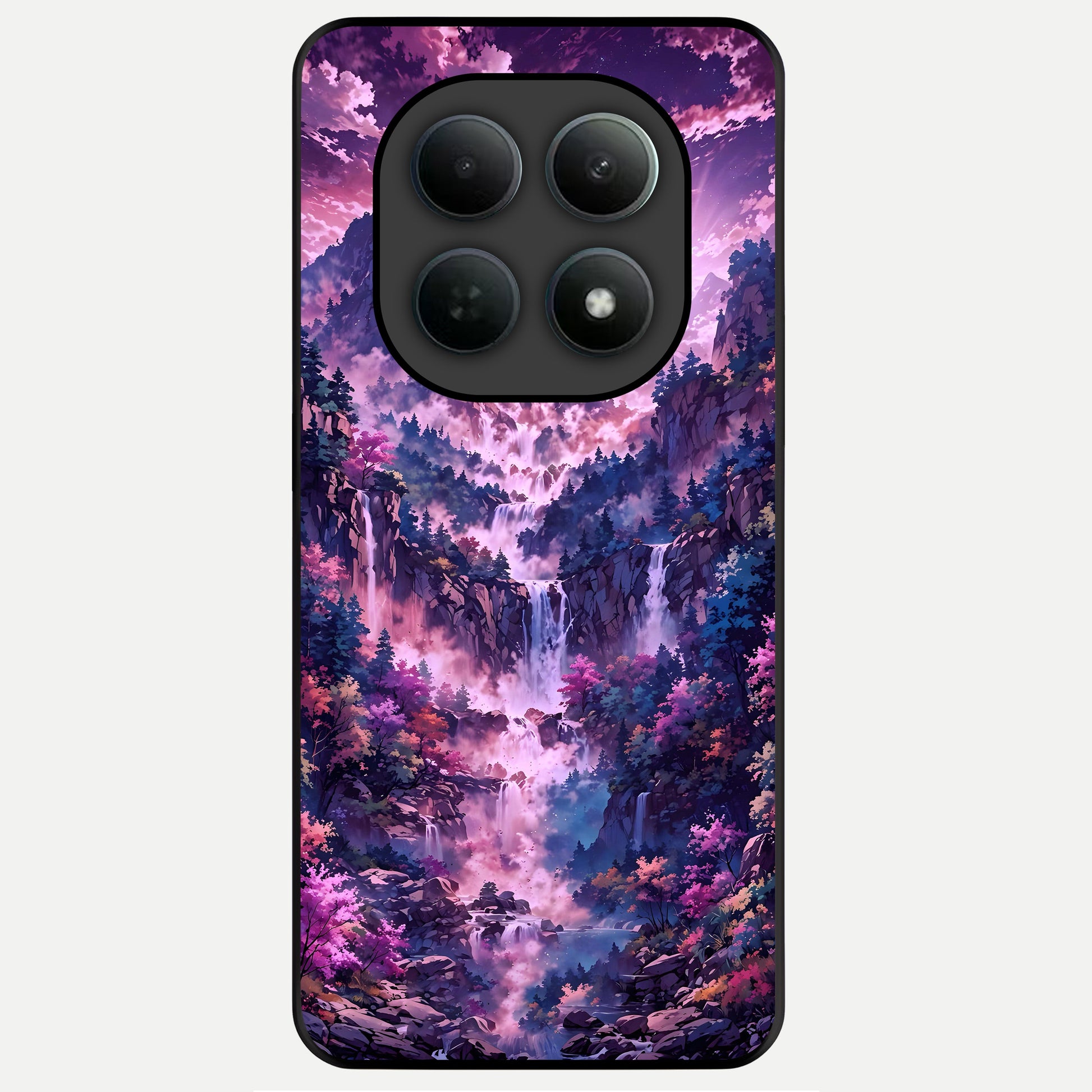  Mystic Cascade Peaks Glass Case For Poco M8 Pro back cover – full design glossy printed glass finish