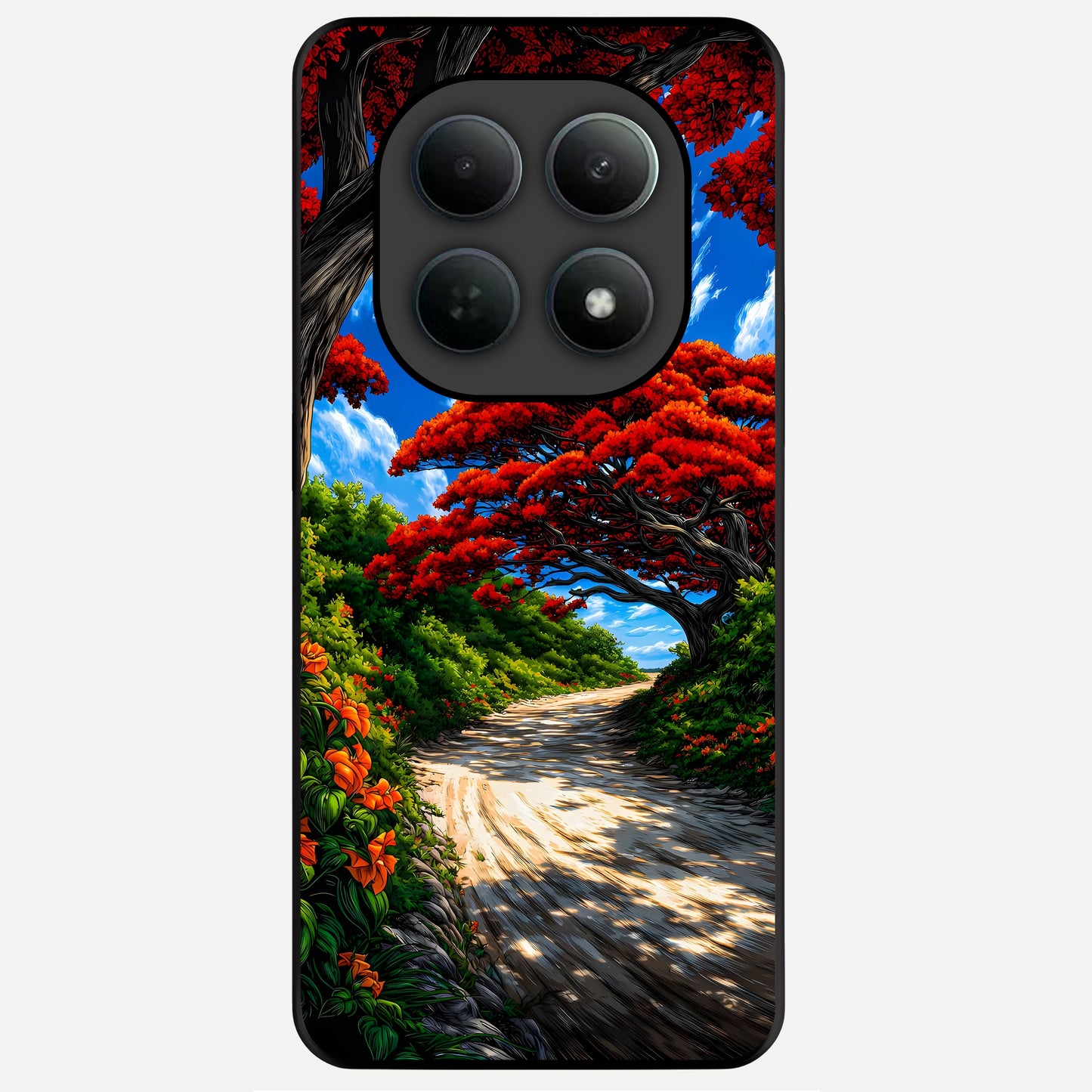 Red Trees Pathway Glass Case For Poco M8 Pro back cover – full design glossy printed glass finish
