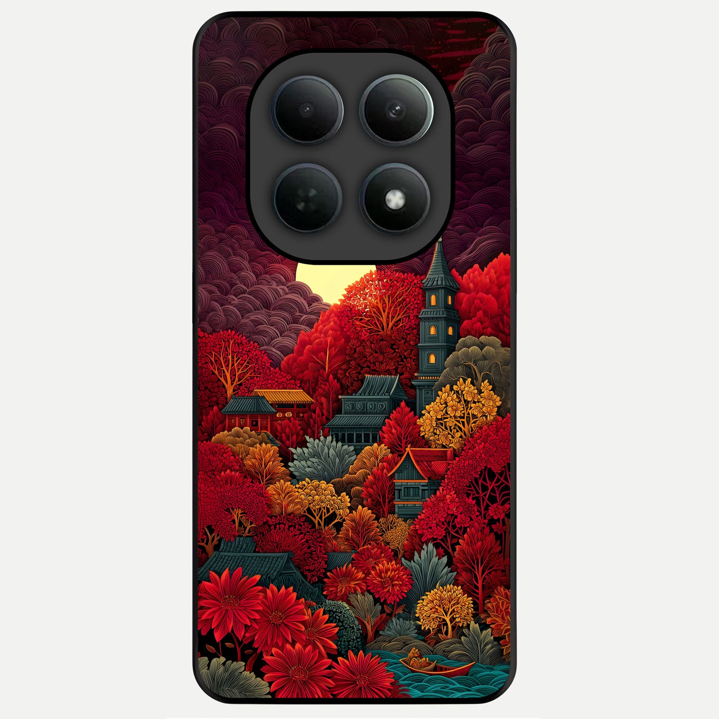 Scarlet Autumn Temple Glass Case For Poco M8 Pro back cover – full design glossy printed glass finish