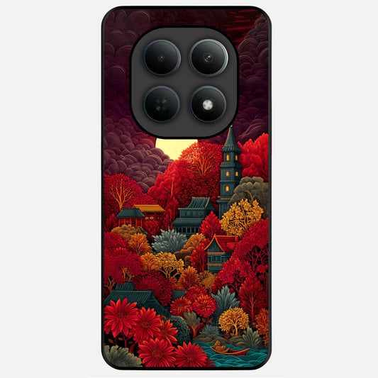  Scarlet Autumn Temple Glass Case For Poco M8 Pro back cover – full design glossy printed glass finish