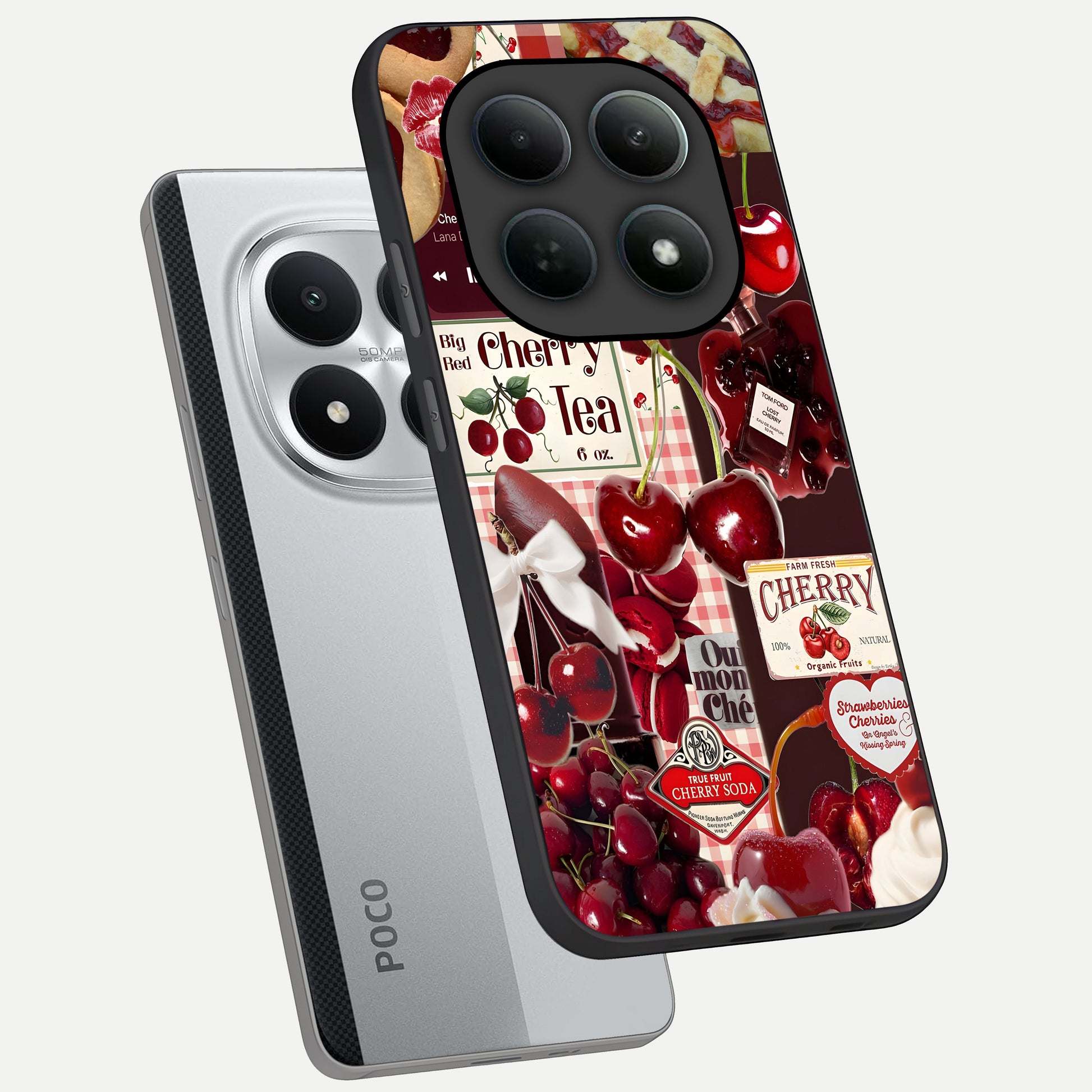  Aesthetic Cherry Tea phone case For Poco M8 Pro showing premium glass back cover with detailed artwork