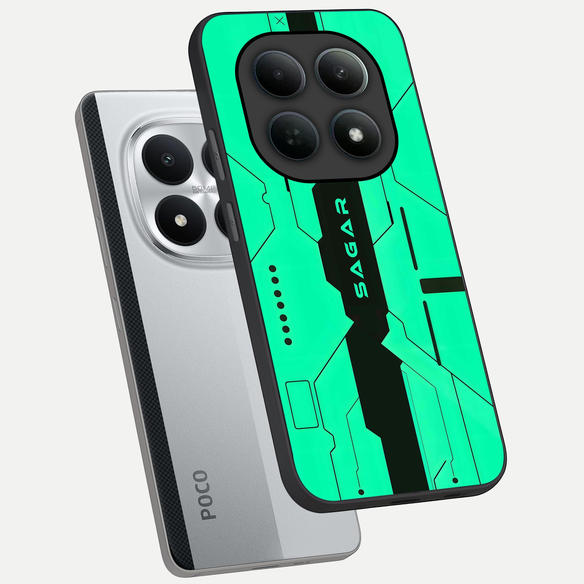  Aqua Tech CYBERPUNK Custom Name phone case For Poco M8 Pro showing premium glass back cover with detailed artwork