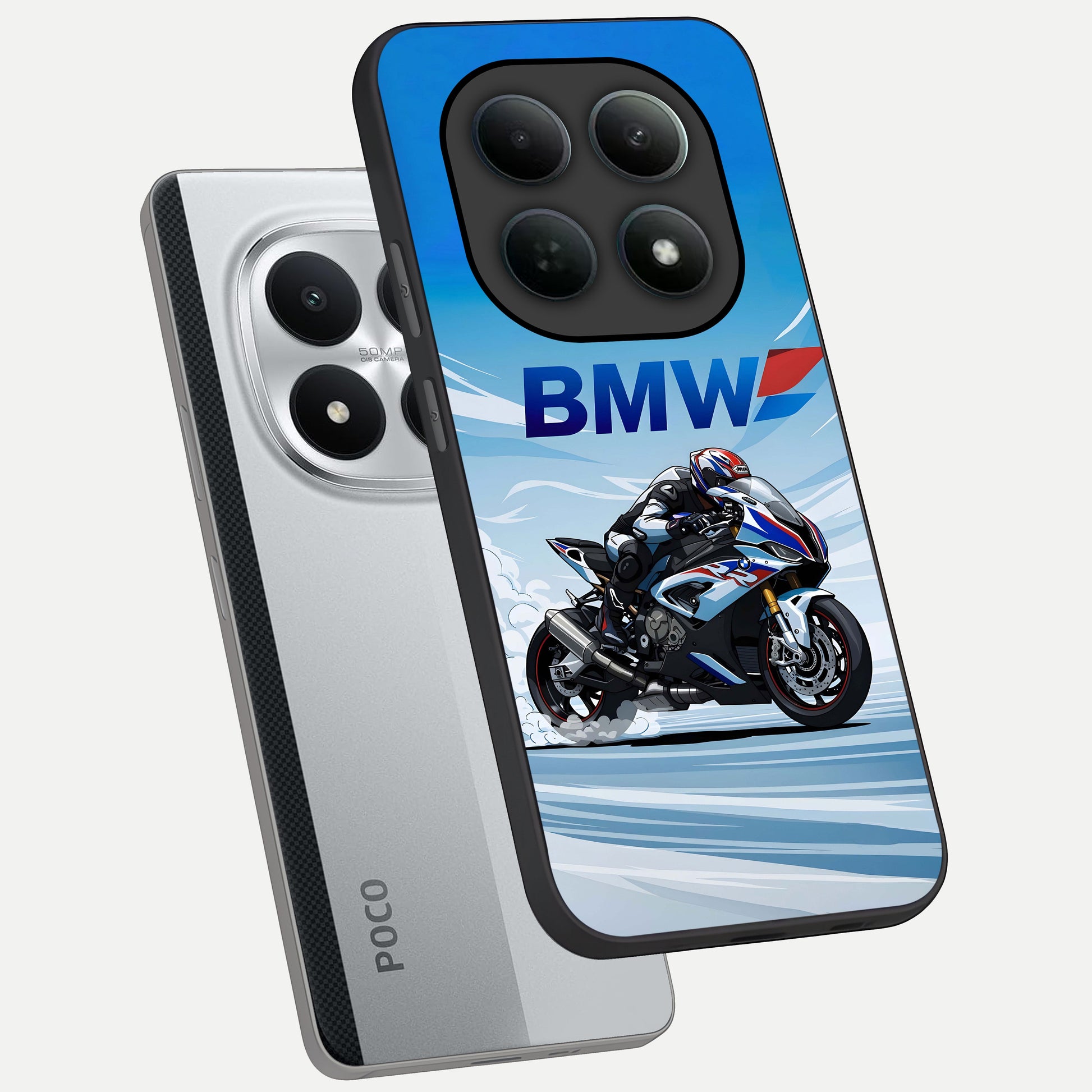  BMW Power Drift phone case For Poco M8 Pro showing premium glass back cover with detailed artwork
