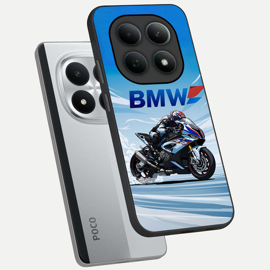  BMW Power Drift phone case For Poco M8 Pro showing premium glass back cover with detailed artwork