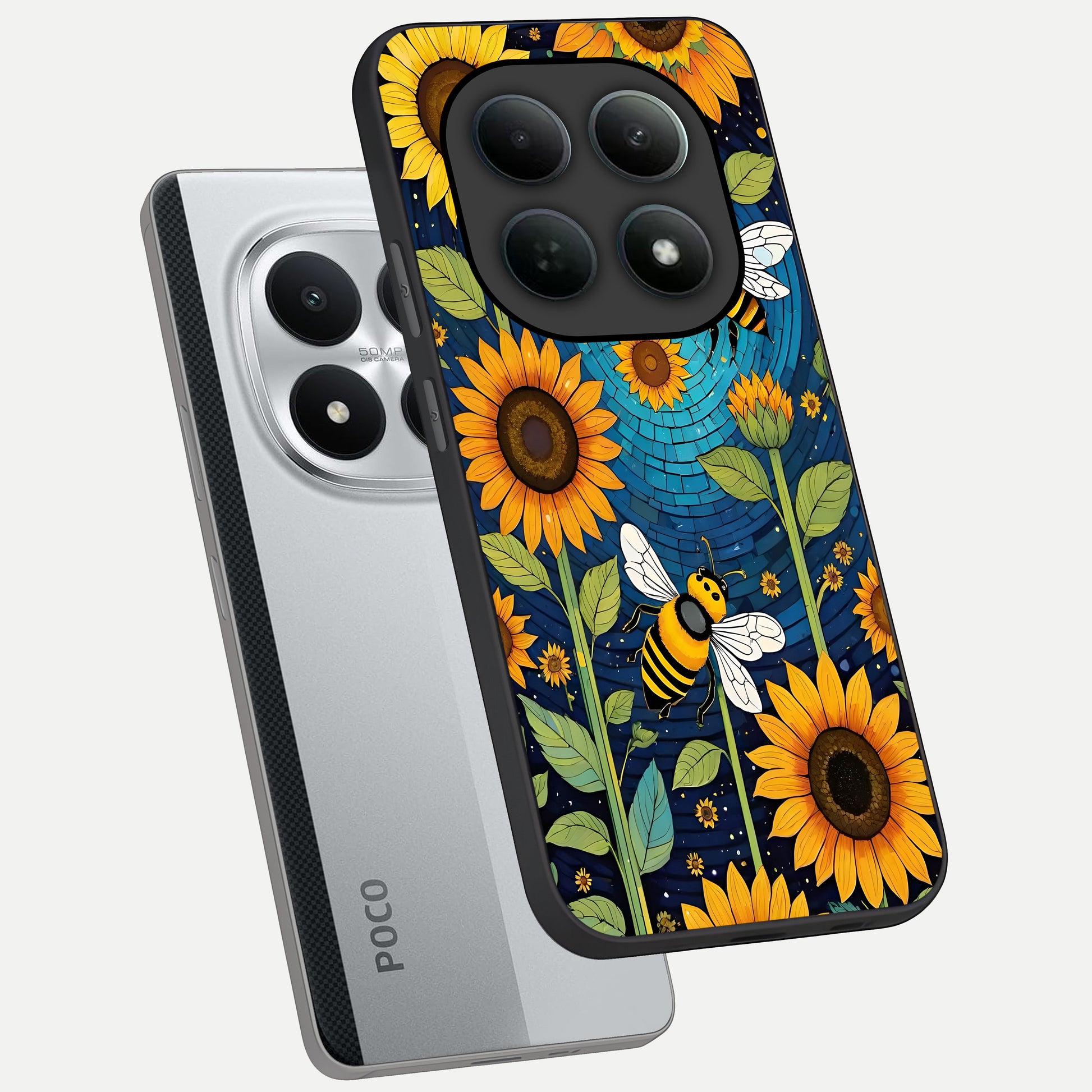  Bees And Sunflowers phone case For Poco M8 Pro showing premium glass back cover with detailed artwork