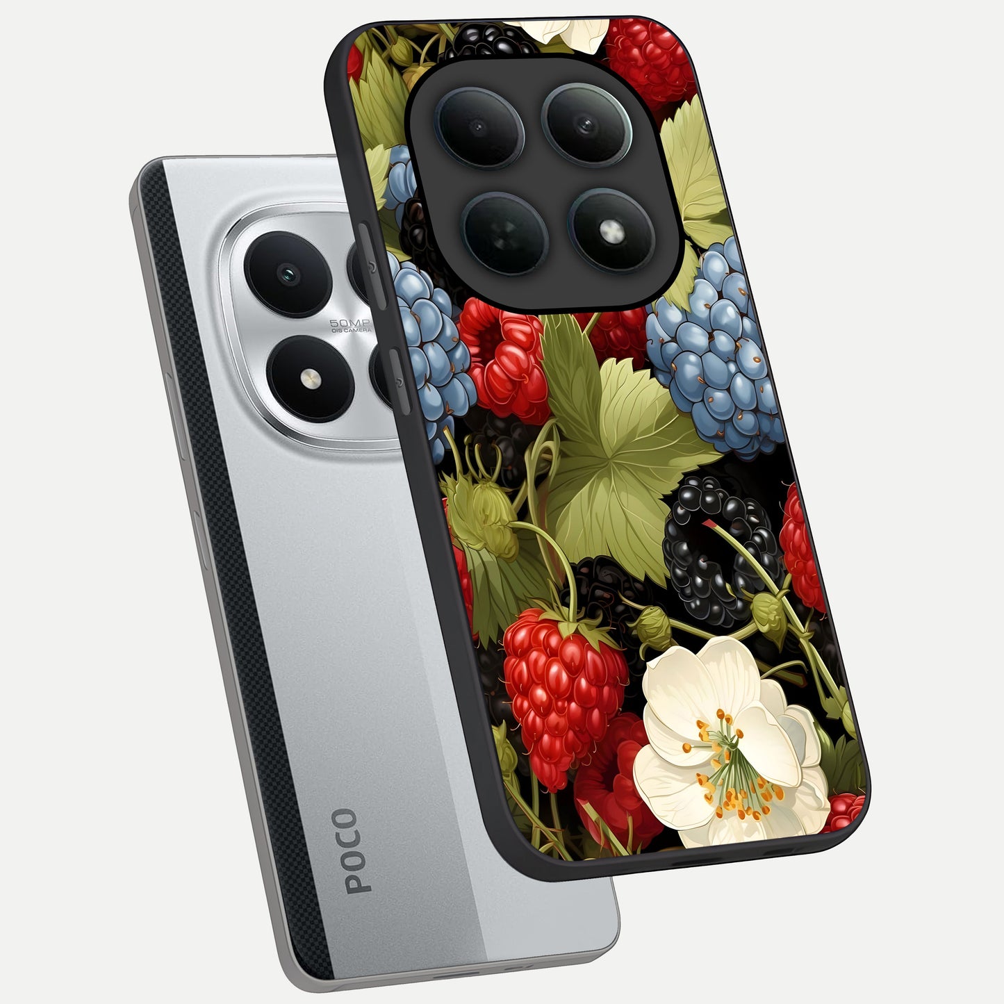 Berry Bloom Charm phone case For Poco M8 Pro showing premium glass back cover with detailed artwork