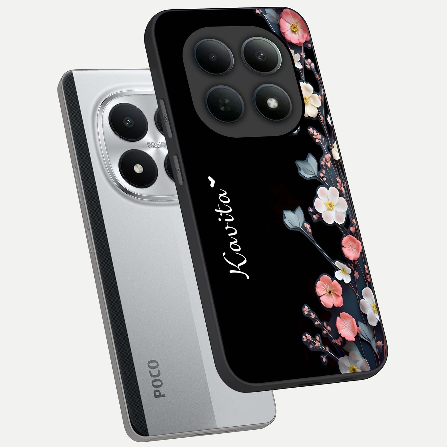  Black Elegance Floral Custom Name phone case For Poco M8 Pro showing premium glass back cover with detailed artwork
