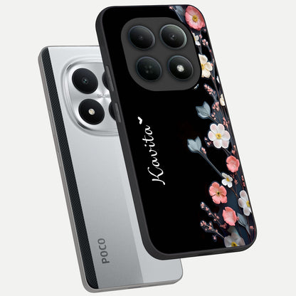  Black Elegance Floral Custom Name phone case For Poco M8 Pro showing premium glass back cover with detailed artwork