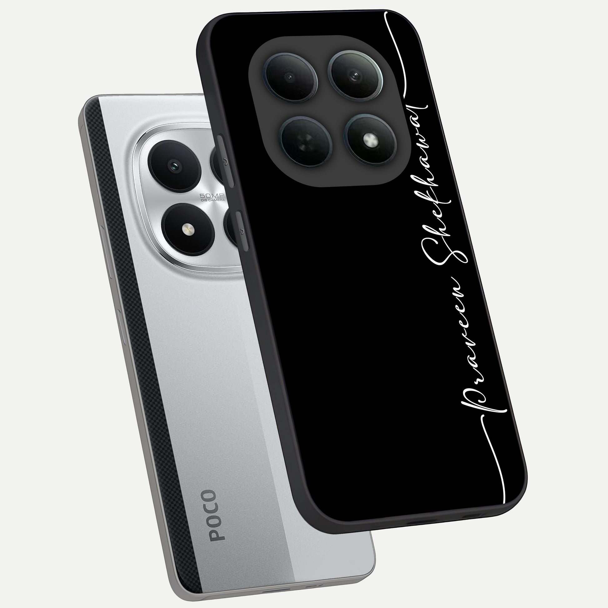  Black Tune Custom Name phone case For Poco M8 Pro showing premium glass back cover with detailed artwork