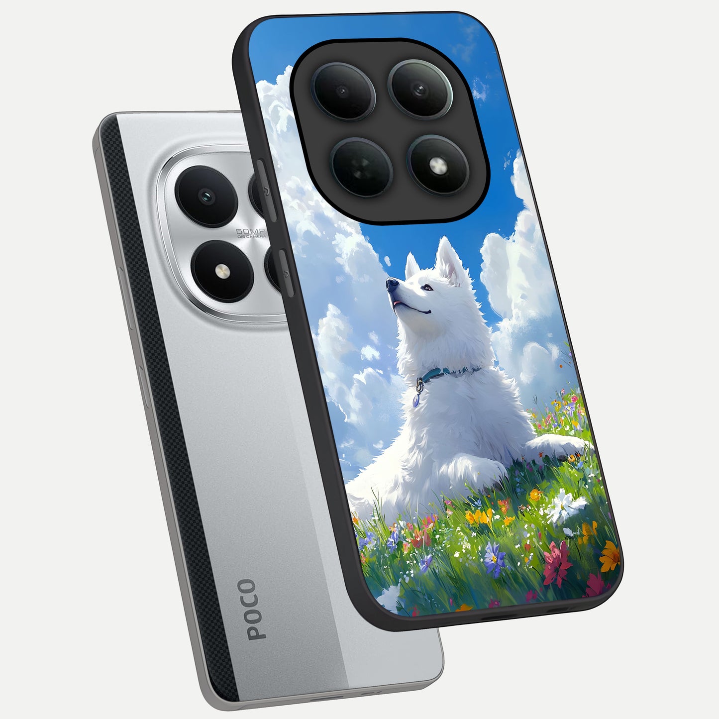  Blissful Cloud Pup phone case For Poco M8 Pro showing premium glass back cover with detailed artwork
