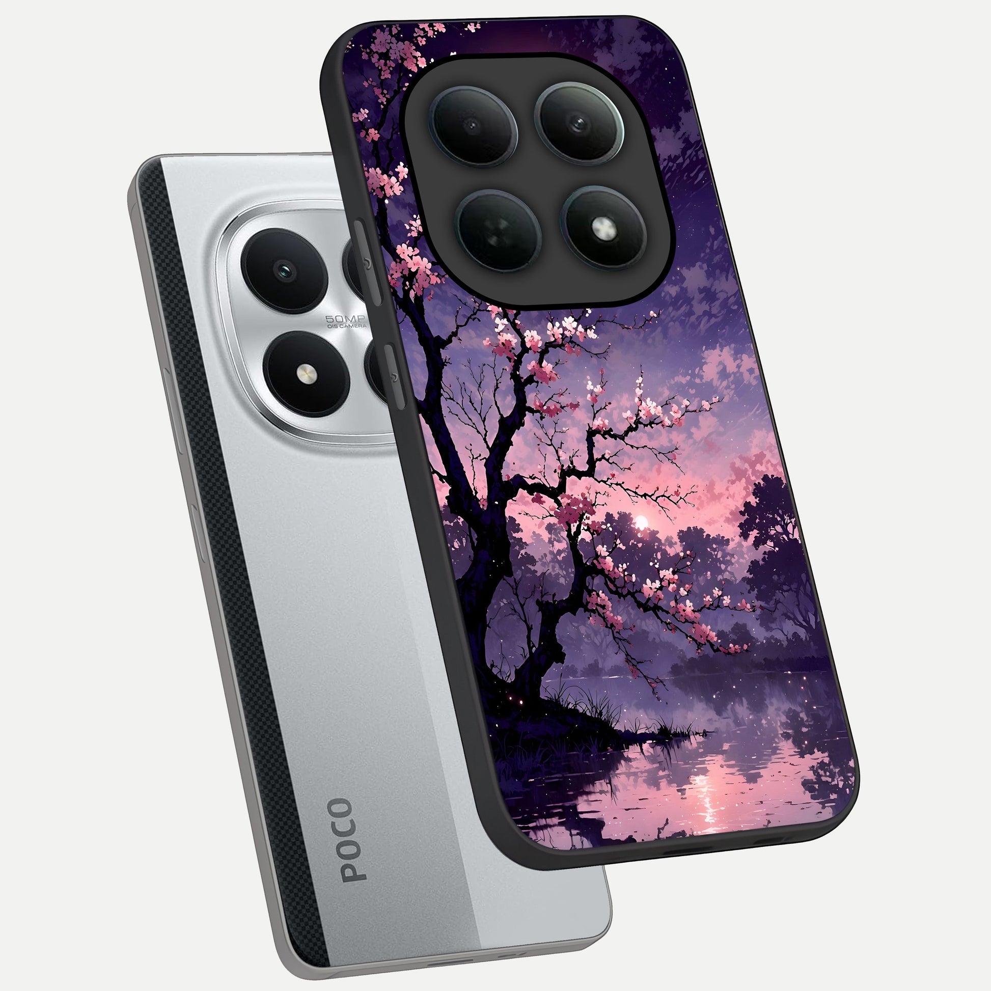  Blossom Pink Moon phone case For Poco M8 Pro showing premium glass back cover with detailed artwork