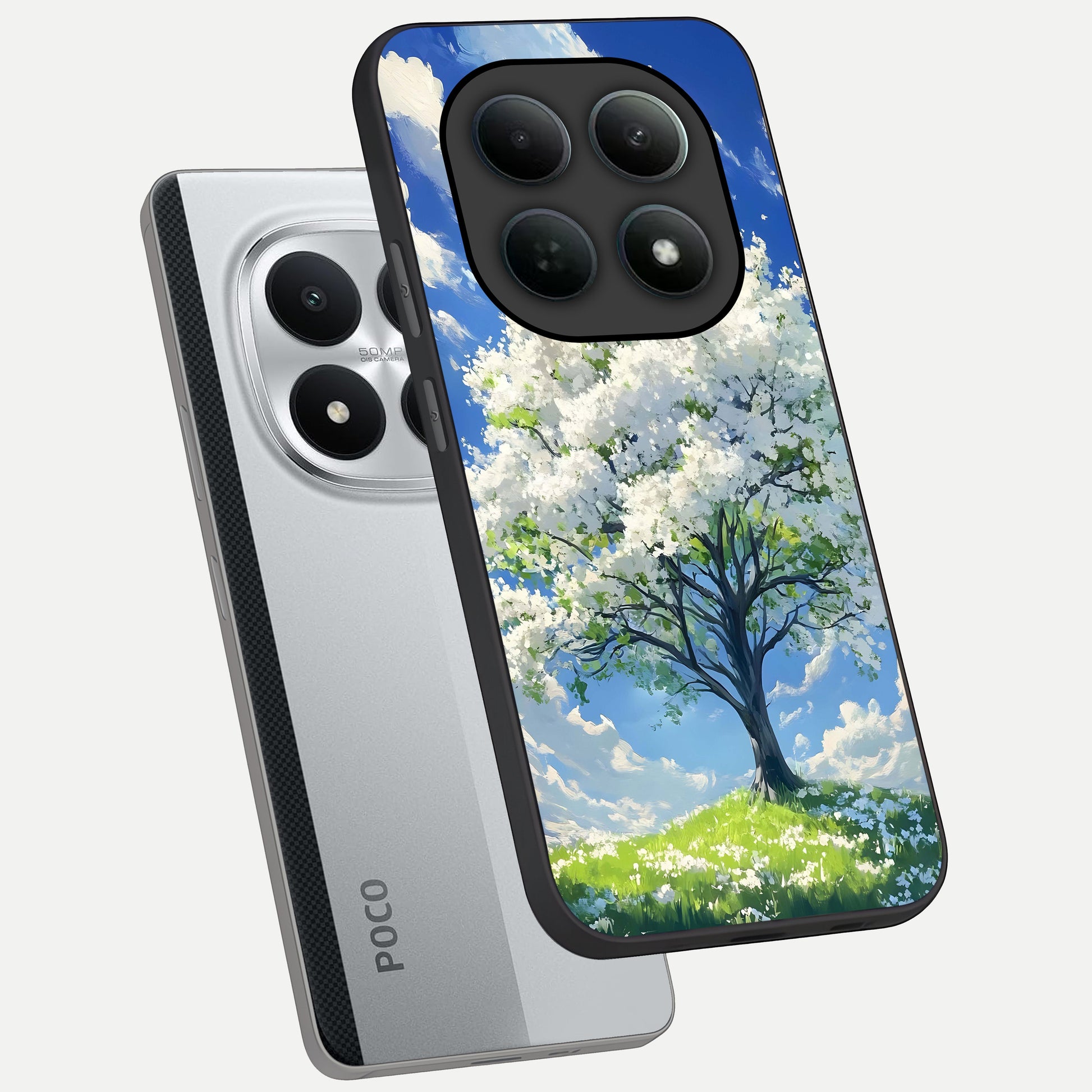  Blossom Sky Serenity phone case For Poco M8 Pro showing premium glass back cover with detailed artwork