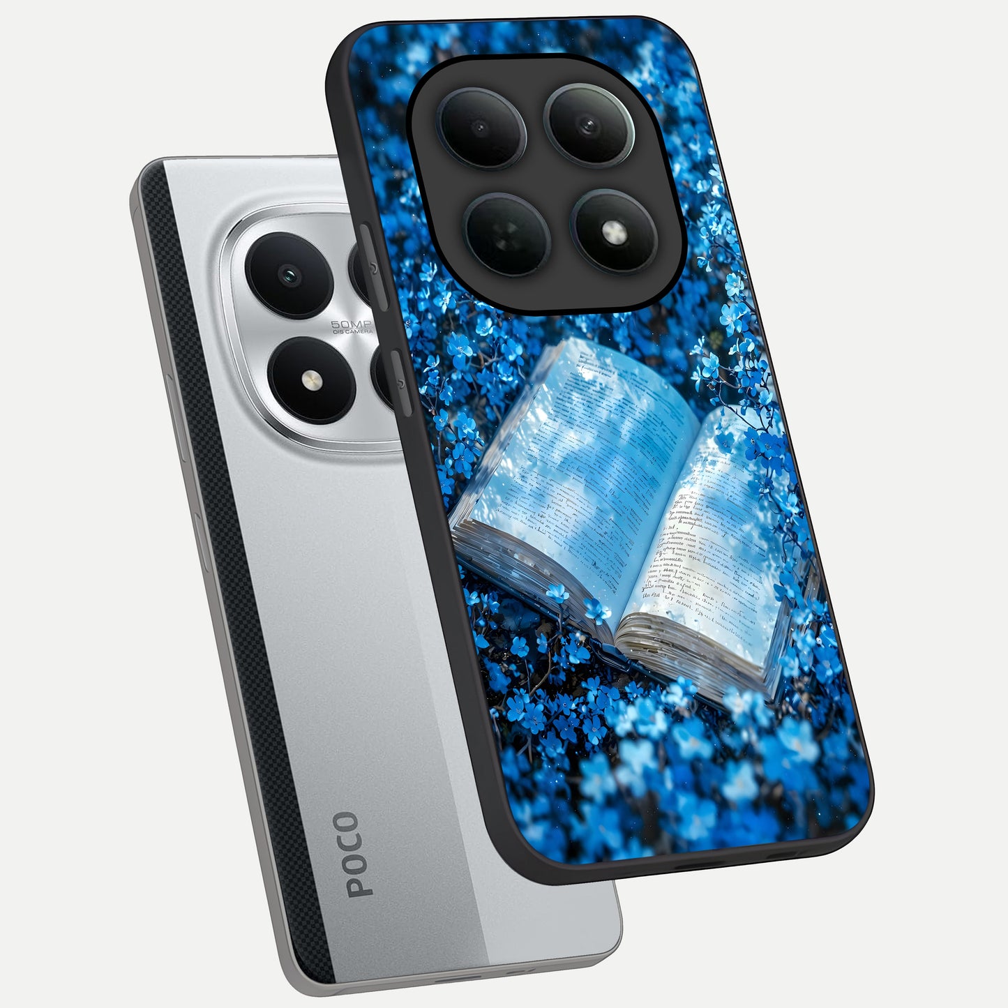  Blue Bloom Tales phone case For Poco M8 Pro showing premium glass back cover with detailed artwork
