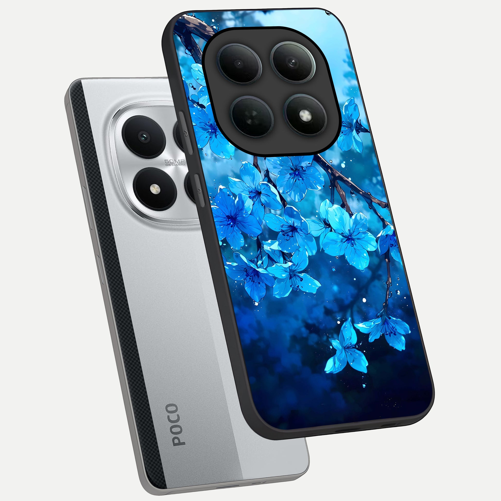  Blue Blossoms Branch phone case For Poco M8 Pro showing premium glass back cover with detailed artwork