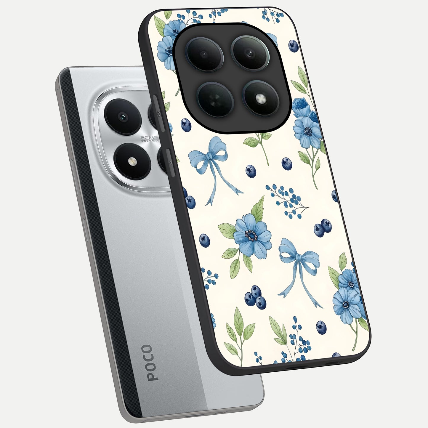  Blue Flower And Bow phone case For Poco M8 Pro showing premium glass back cover with detailed artwork