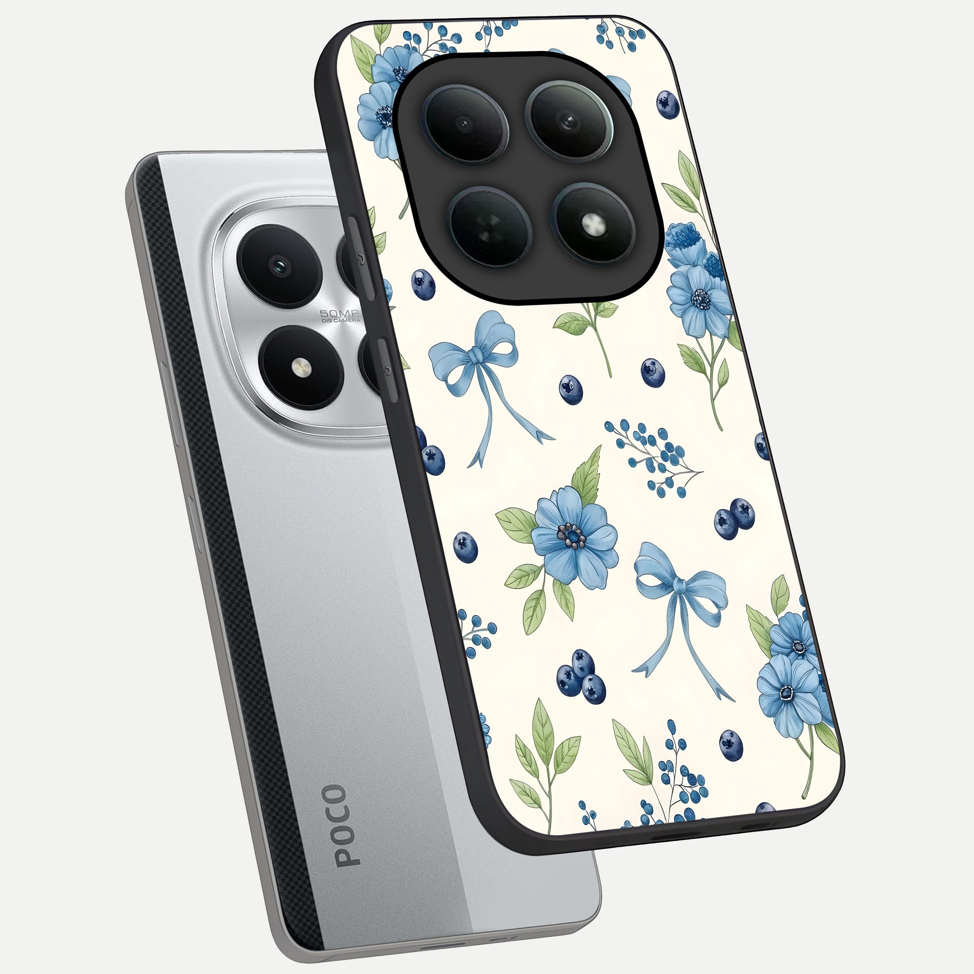  Blue Flower And Bow phone case For Poco M8 Pro showing premium glass back cover with detailed artwork