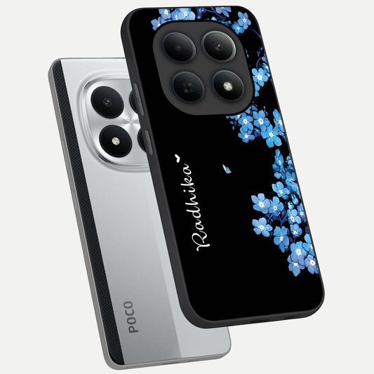  Blue Petal Dream Custom Name phone case For Poco M8 Pro showing premium glass back cover with detailed artwork