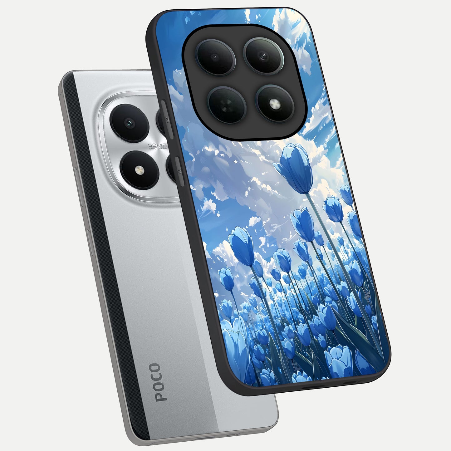  Blue Tulip Clouds phone case For Poco M8 Pro showing premium glass back cover with detailed artwork