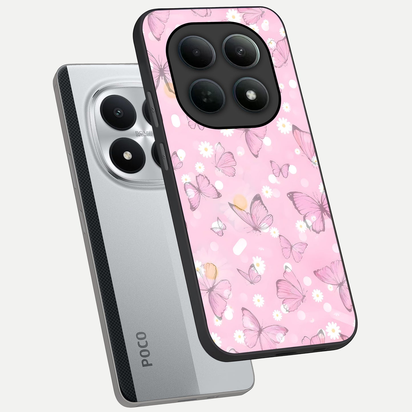  Blush Butterfly Garden phone case For Poco M8 Pro showing premium glass back cover with detailed artwork