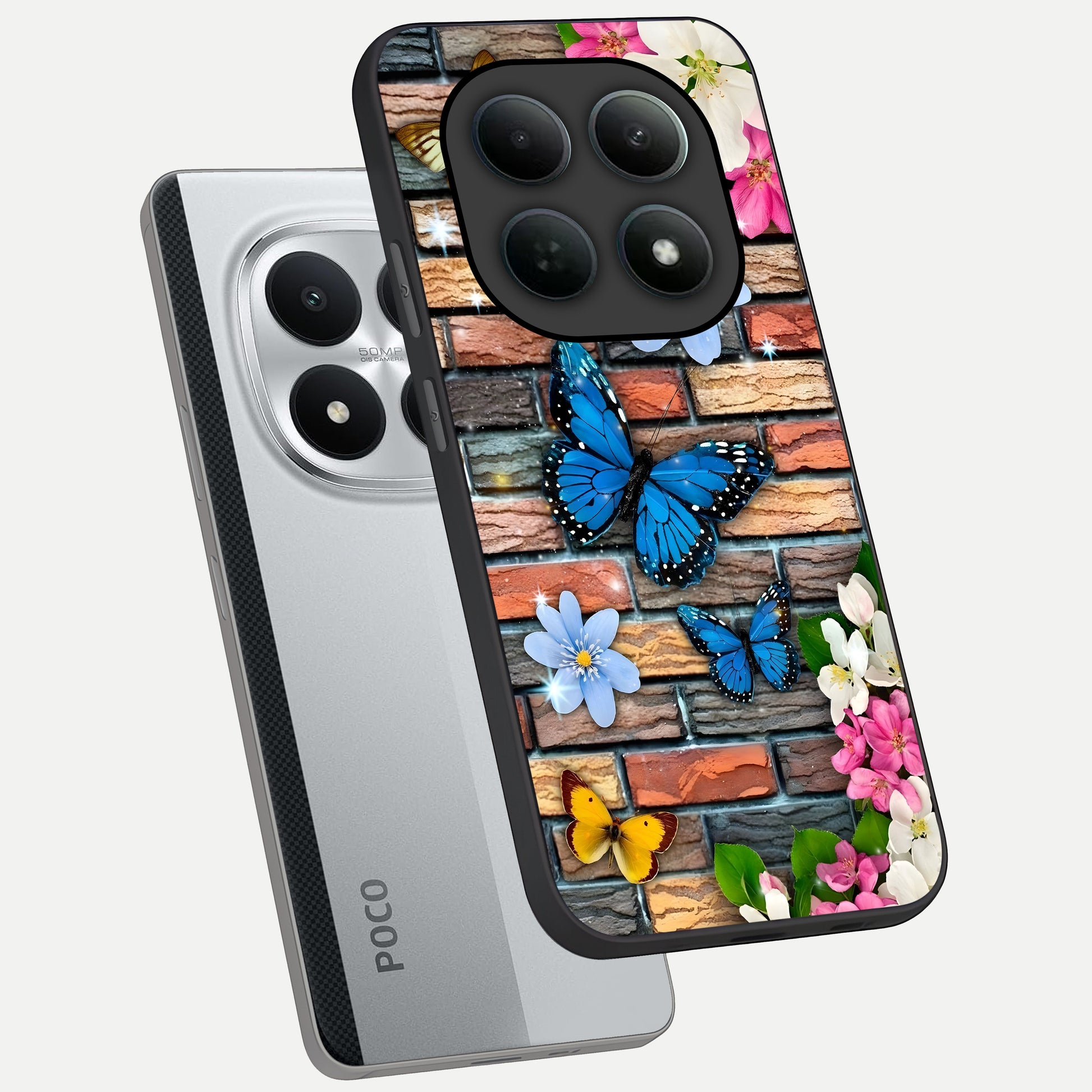  Brick Bloom Flight phone case For Poco M8 Pro showing premium glass back cover with detailed artwork