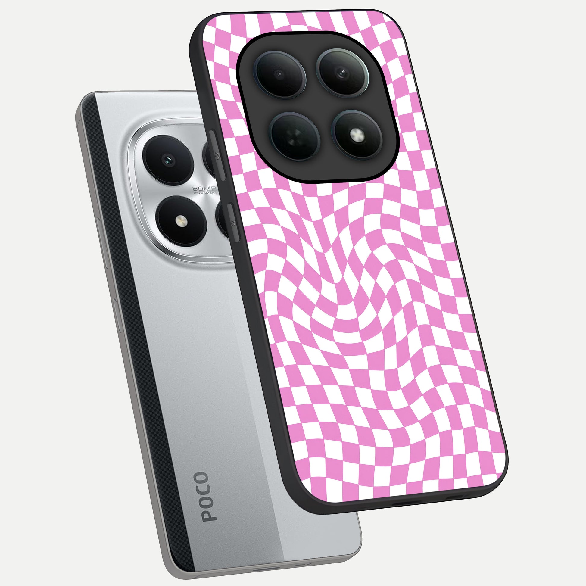  Bubblegum Check Wave phone case For Poco M8 Pro showing premium glass back cover with detailed artwork