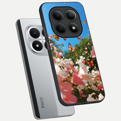  Butterflies In Bloom Sky phone case For Poco M8 Pro showing premium glass back cover with detailed artwork