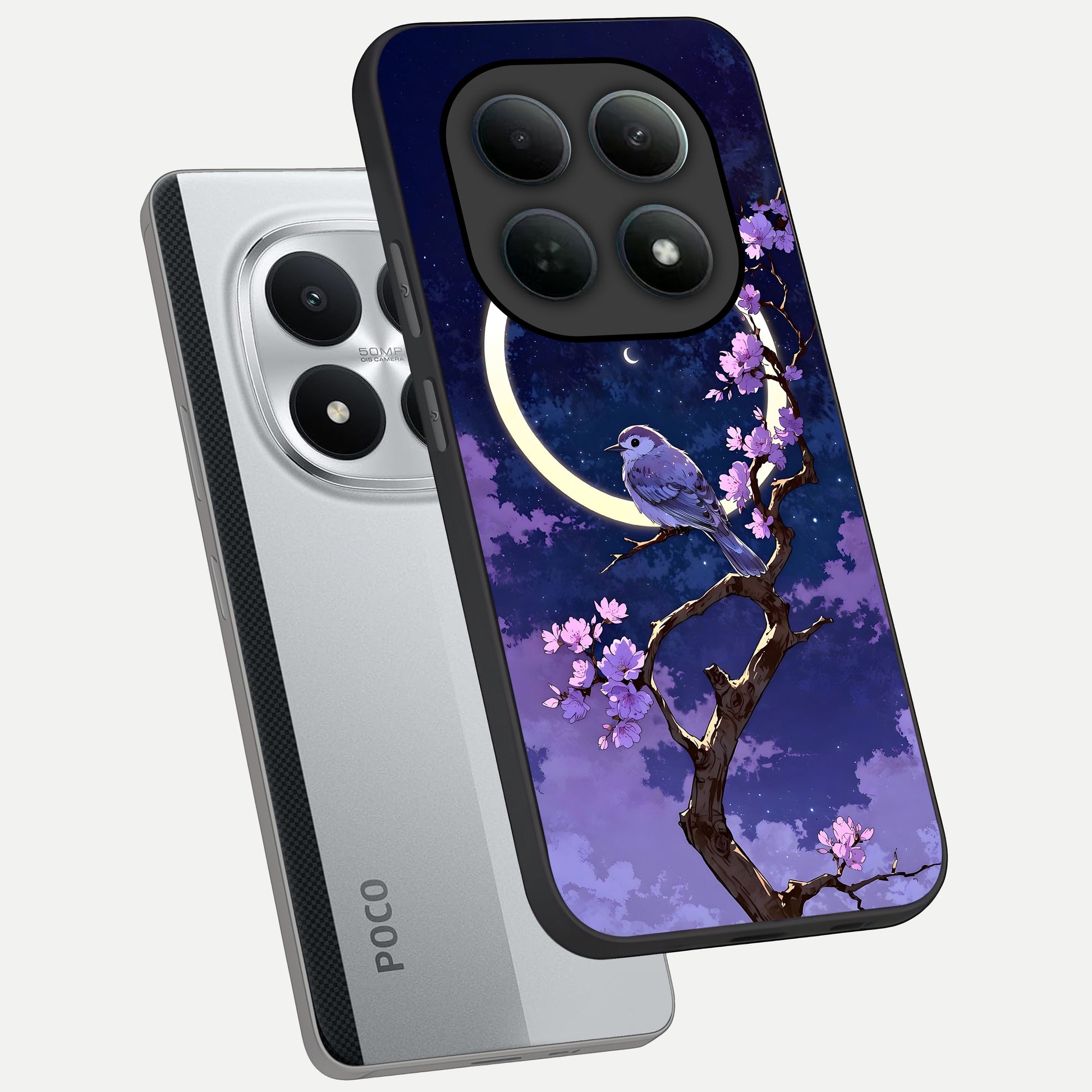 Celestial Bird Blossom phone case For Poco M8 Pro showing premium glass back cover with detailed artwork