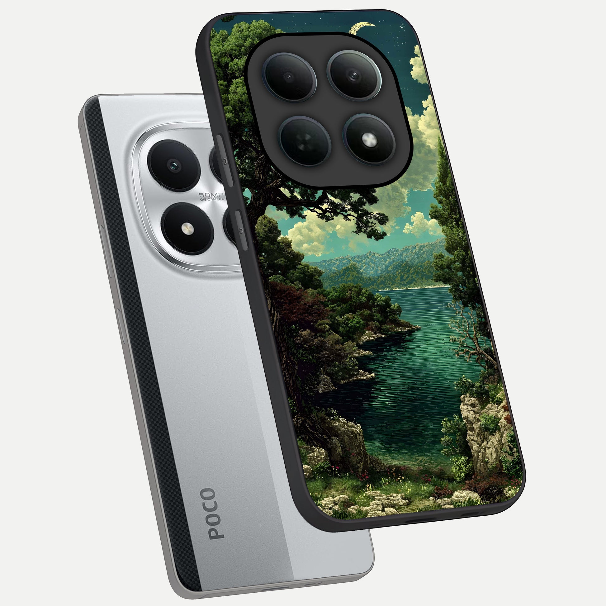  Celestial Lake Peace phone case For Poco M8 Pro showing premium glass back cover with detailed artwork