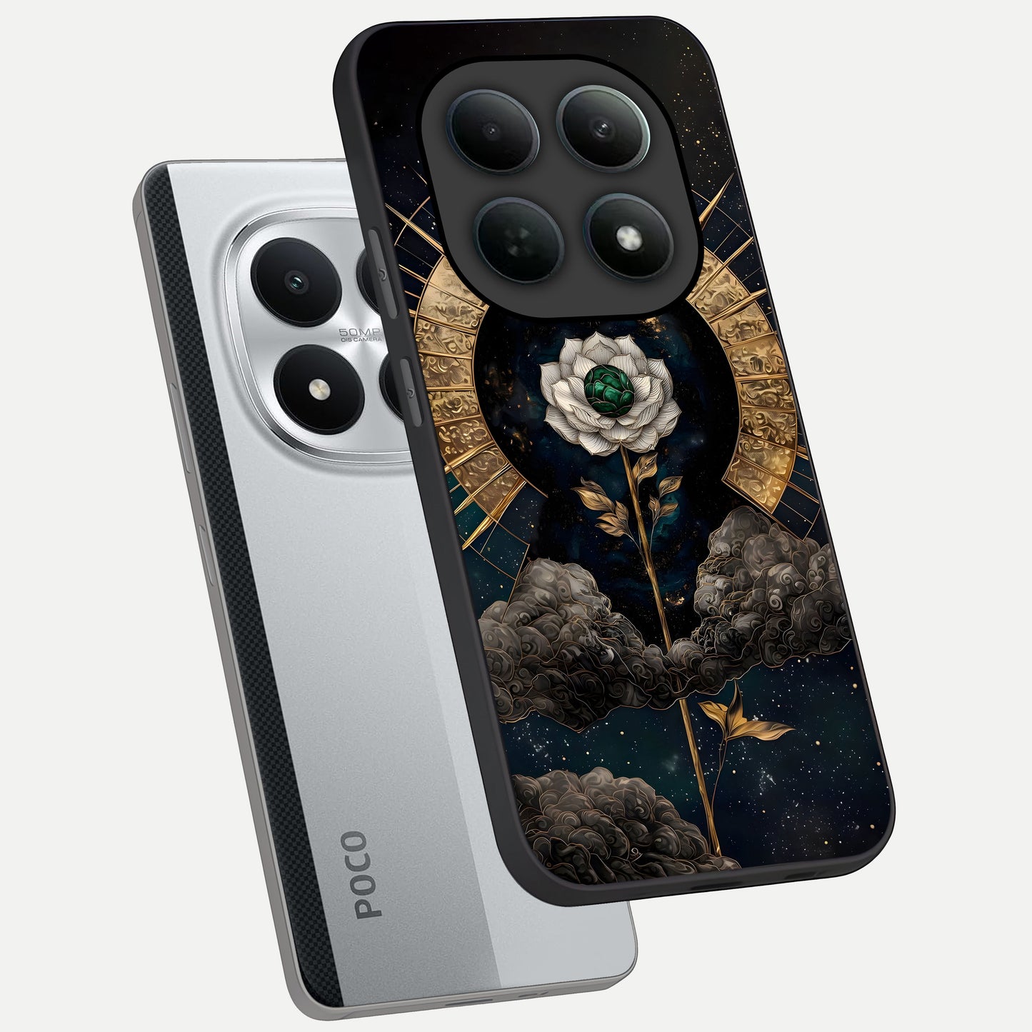  Celestial Lotus Morang phone case For Poco M8 Pro showing premium glass back cover with detailed artwork