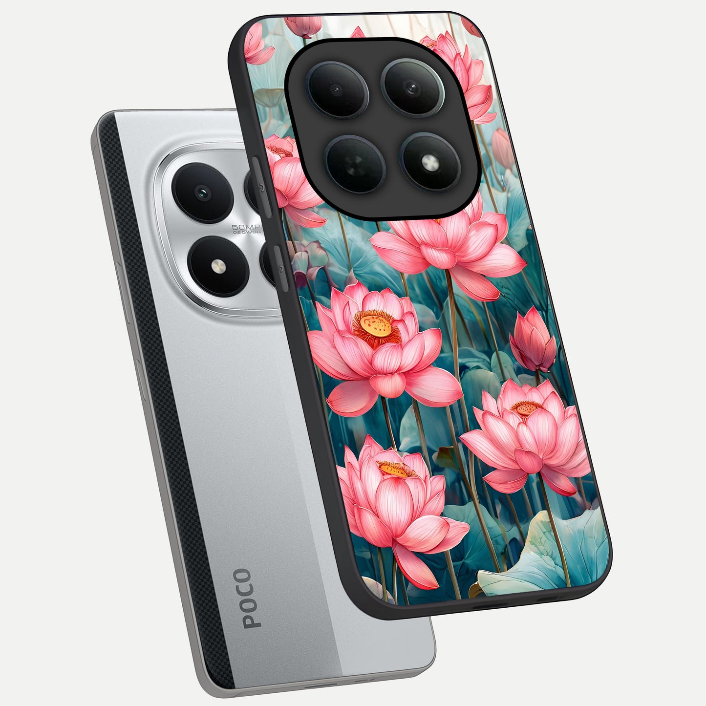  Celestial Pink Lotus phone case For Poco M8 Pro showing premium glass back cover with detailed artwork