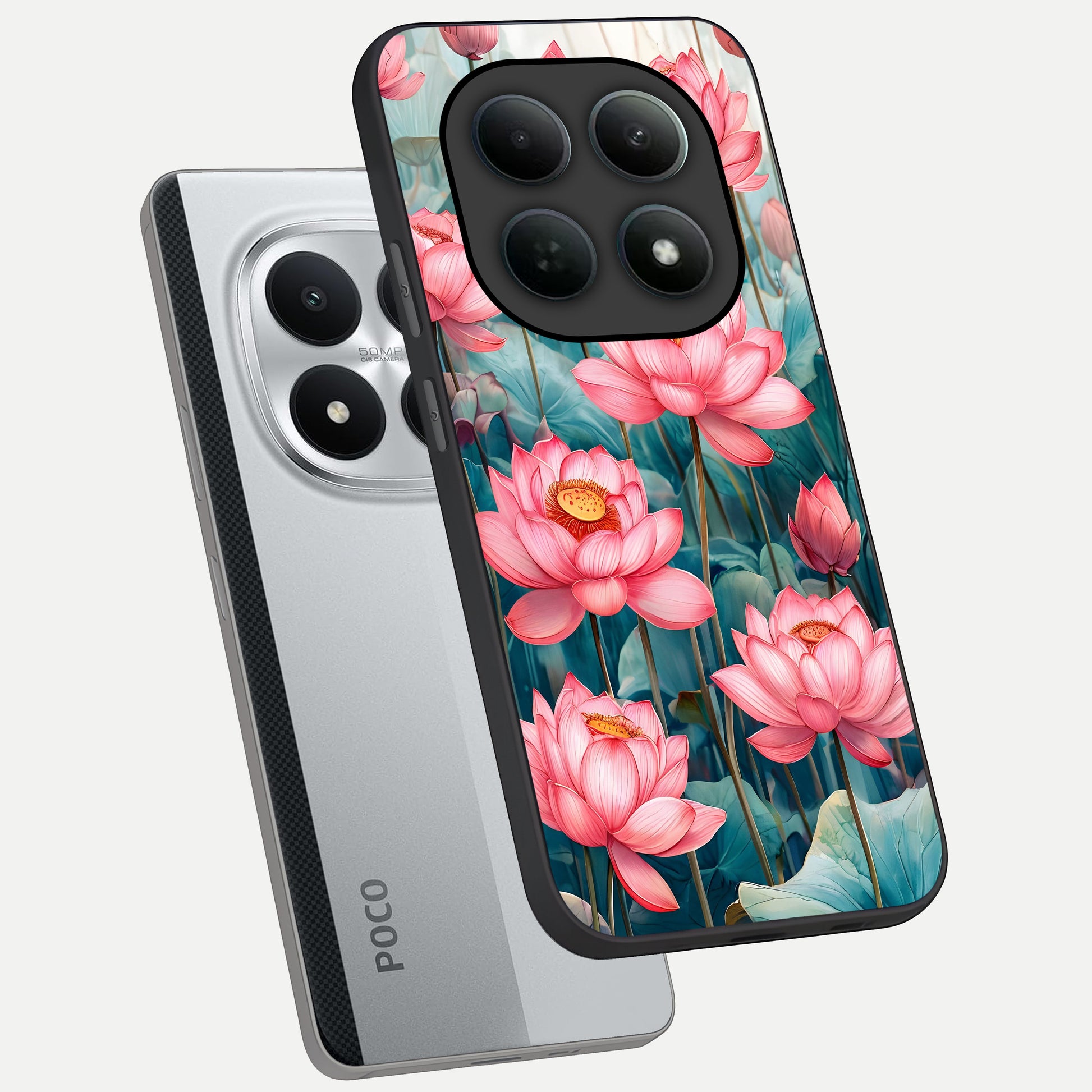  Celestial Pink Lotus phone case For Poco M8 Pro showing premium glass back cover with detailed artwork