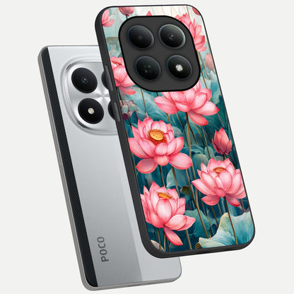  Celestial Pink Lotus phone case For Poco M8 Pro showing premium glass back cover with detailed artwork