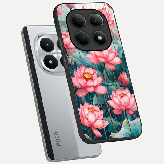  Celestial Pink Lotus phone case For Poco M8 Pro showing premium glass back cover with detailed artwork