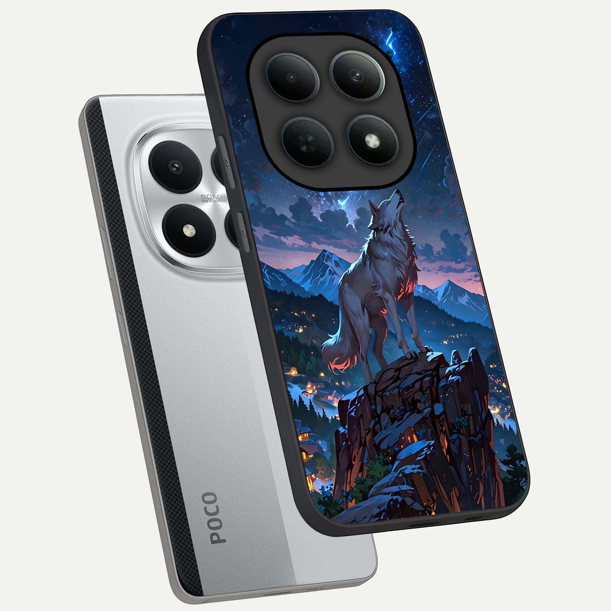  Celestial Wolf Howl phone case For Poco M8 Pro showing premium glass back cover with detailed artwork