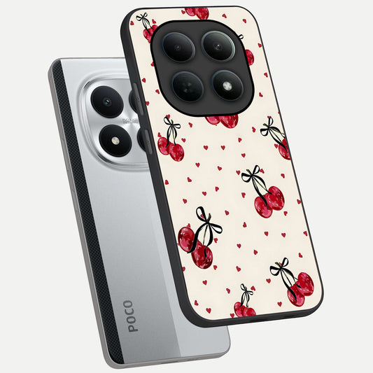  Cherry Heart Bow phone case For Poco M8 Pro showing premium glass back cover with detailed artwork