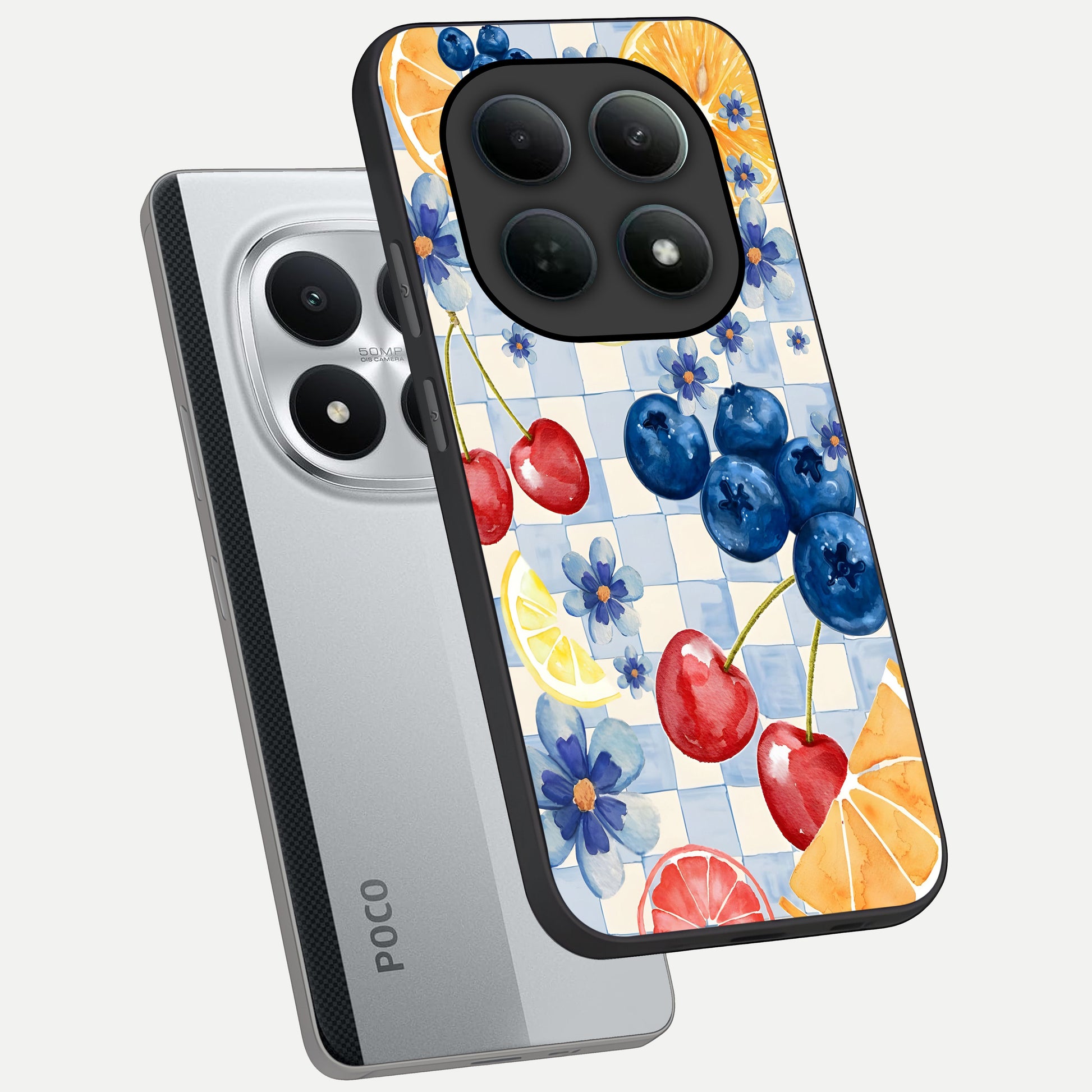  Citrus Bloom Joy phone case For Poco M8 Pro showing premium glass back cover with detailed artwork