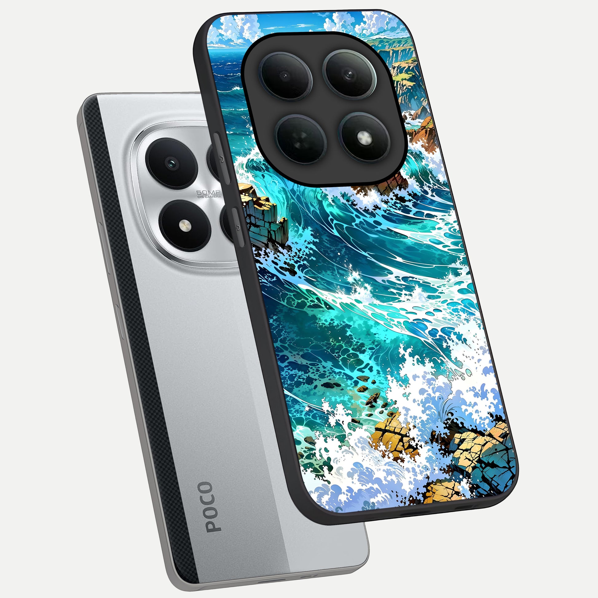  Coastal Blue Waves phone case For Poco M8 Pro showing premium glass back cover with detailed artwork