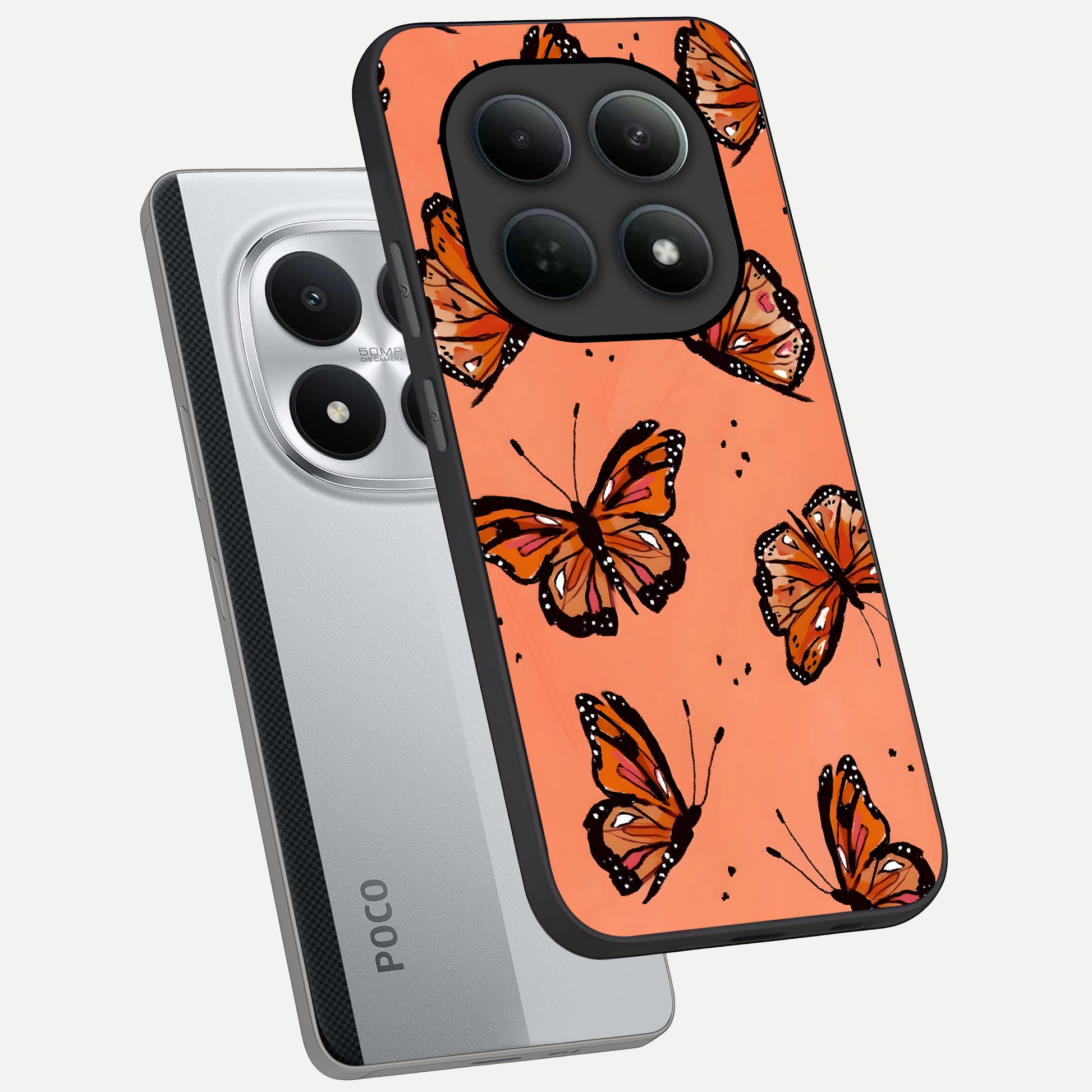  Coral Wing Butterfly phone case For Poco M8 Pro showing premium glass back cover with detailed artwork