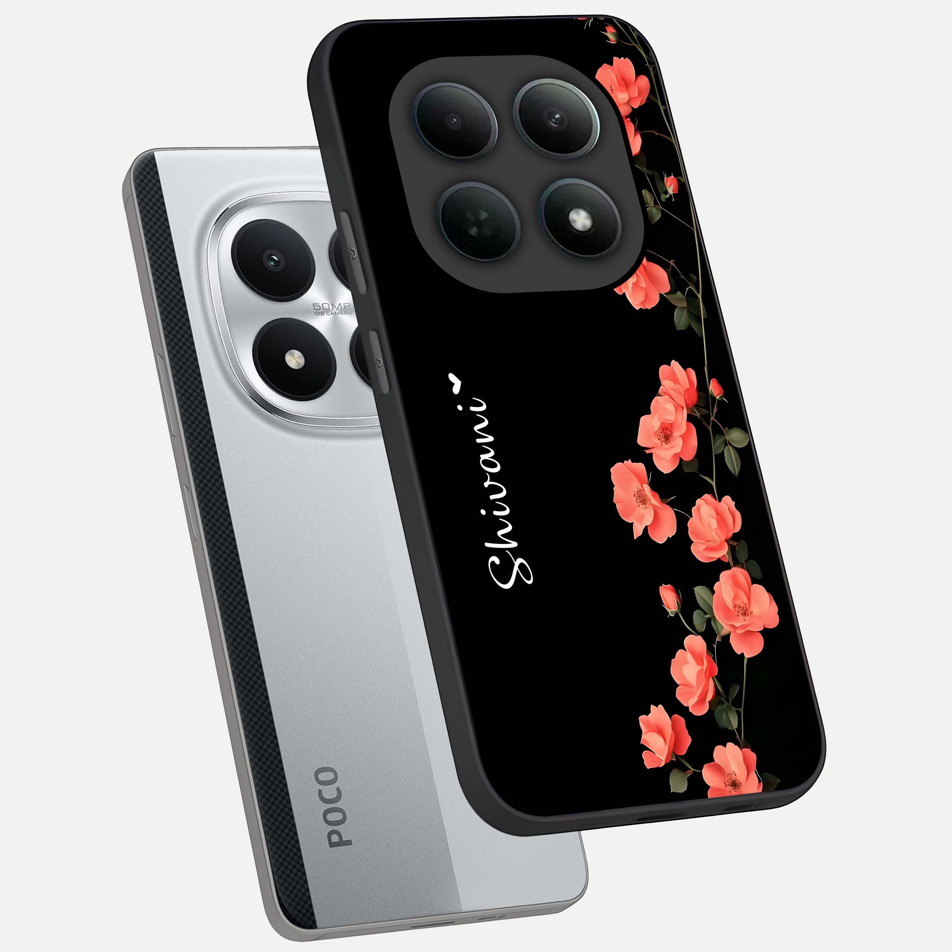  Crimson Bloom Grace Custom Name phone case For Poco M8 Pro showing premium glass back cover with detailed artwork