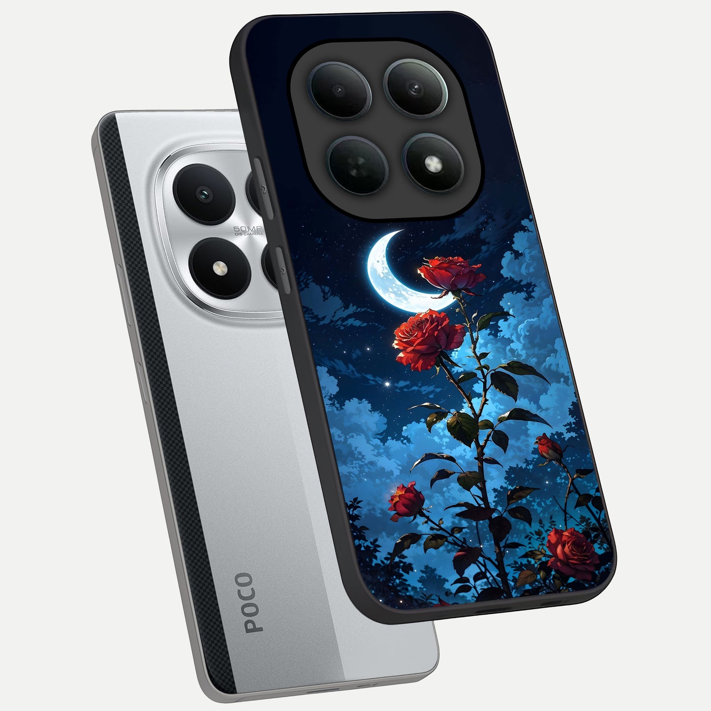  Crimson Rose Moon phone case For Poco M8 Pro showing premium glass back cover with detailed artwork